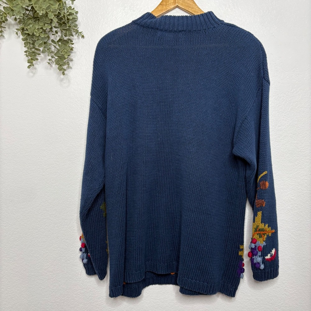 Vintage DBL Navy Blue Embroidered Pumpkin Fall Harvest Sweater Womens Large 1997 - Picture 3 of 7